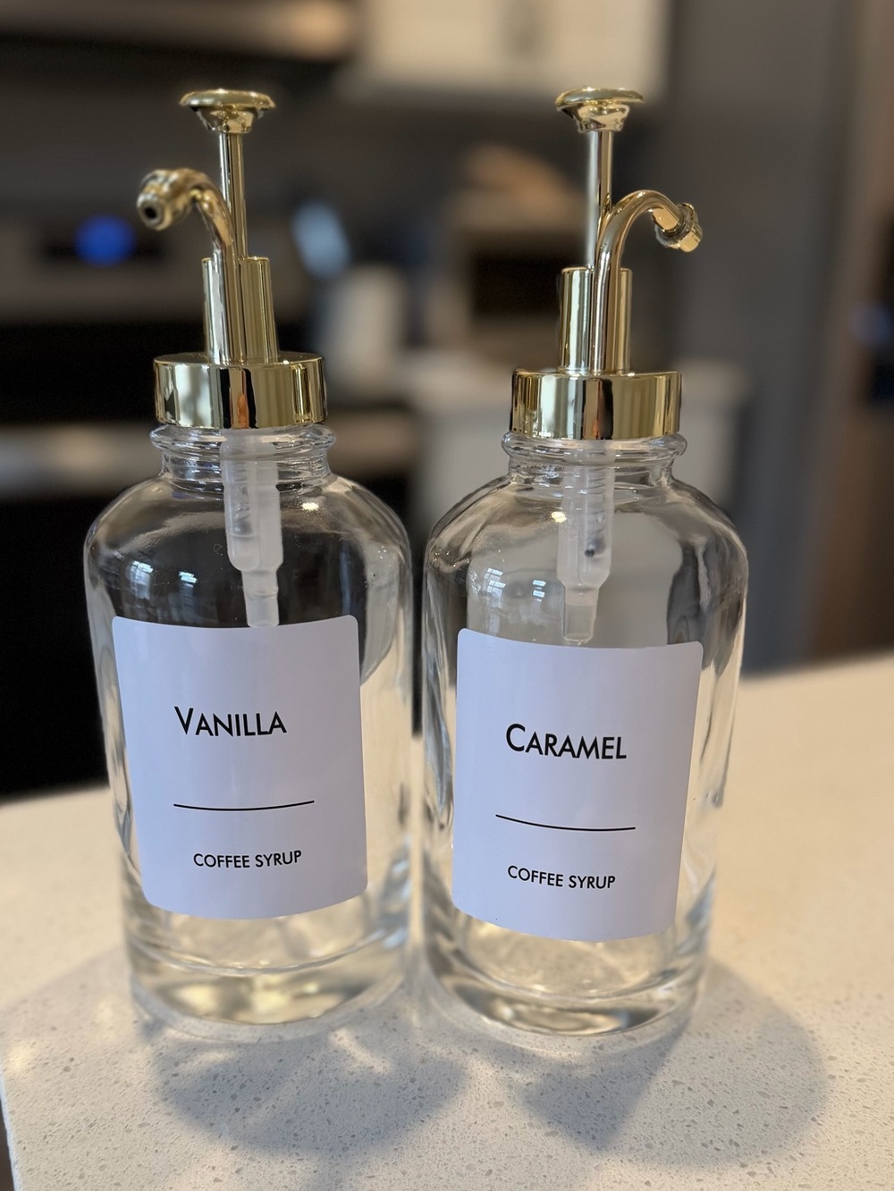 Coffee Syrup Dispenser Bottles (Set of 2)–Glass w/ Gold Pumps + Extra Labels NWT - Picture 2 of 5